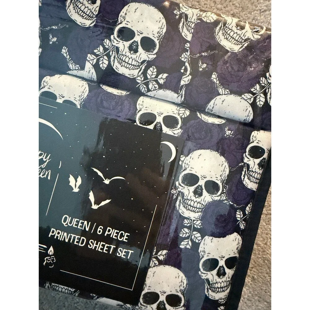 NEW Halloween Goth Style Queen 6pc Sheet Set Skulls Purple Roses Sheets